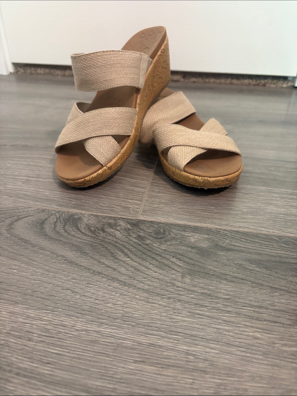 Skechers Beige Elastic Cross-Strap Wedge Sandals